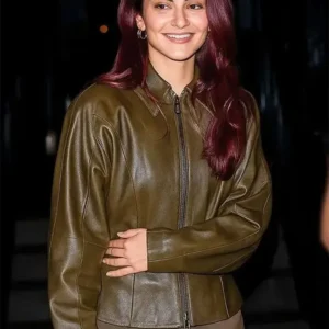 Camila Mendes SNL 2025 Olive Green Leather Jacket Front Look