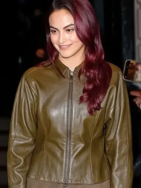 Camila Mendes SNL 2025 Olive Green Leather Jacket Front Look
