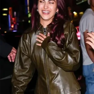 Camila Mendes SNL 2025 Olive Green Leather Jacket Front Look