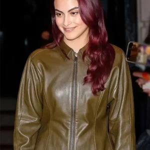Camila Mendes SNL 2025 Olive Green Leather Jacket Front Look
