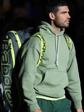 Carlos Alcaraz A Racquet At The Rock Green Hoodie Front Look