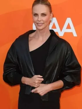 Charlize Theron Black Leather Jacket Front Look