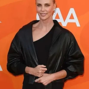 Charlize Theron Black Leather Jacket Front Look