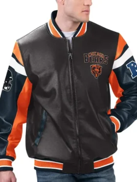 Chicago Bears Black Varsity Full-Zip Leather Jacket Front Look