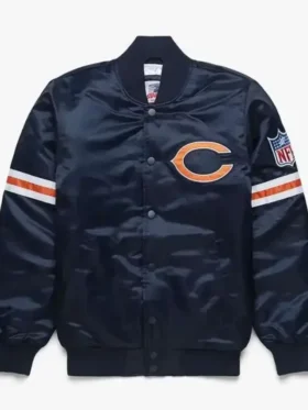 Chicago Bears Navy Blue Bomber Satin Jacket Front Look