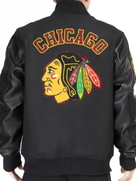 Chicago Blackhawks Animal Patches Black Varsity Jacket Front Look Back Look