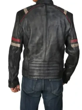 Classic Black Racer Jacket with Bold Red Stripes back LooK