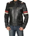 Classic Black Racer Jacket with Bold Red Stripes