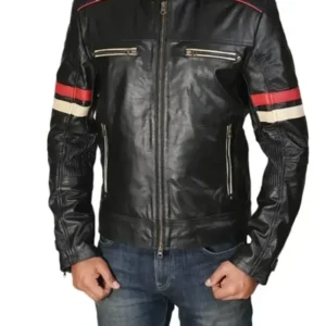 Classic Black Racer Jacket with Bold Red Stripes