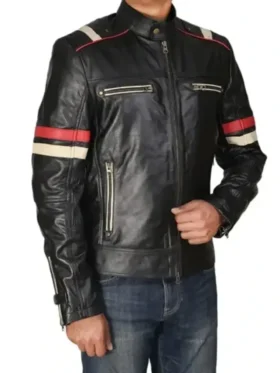 Classic Black Racer Jacket with Bold Red Stripes Front Look