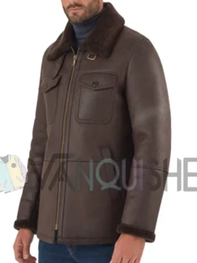 Classic Dark Brown Sheepskin Leather Jacket with Fur Collar Front Look