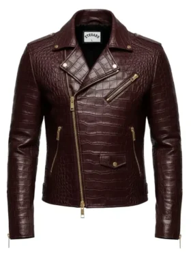 Crocodile Pattern Leather Moto Jacket Front Look