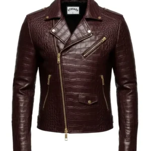Crocodile Pattern Leather Moto Jacket Front Look