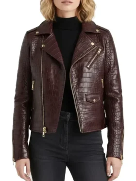 Crocodile Pattern Leather Moto Jacket Front Look