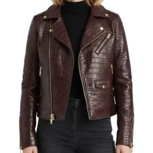 Crocodile Pattern Leather Moto Jacket Front Look