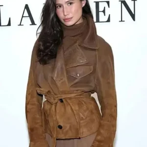 Delaney Rowe Ralph Lauren 2025 Brown Leather Jacket Front Look