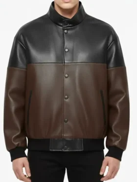 Dual Tone Leather Bomber Jacket Front Look