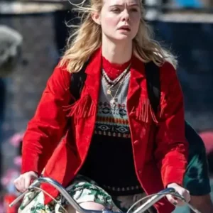 Elle Fanning Margo’s Got Money Troubles Red Fringe Jacket Front Look
