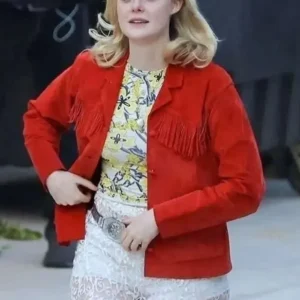 Elle Fanning Margo’s Got Money Troubles Red Fringe Jacket Front Look