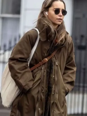 Emilia Clarke 2025 Brown Long Jacket Front Look