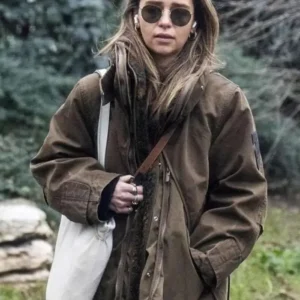 Emilia Clarke 2025 Brown Long Jacket Front Look