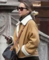 Emilia Clarke Shearling Brown Suede Jacket Front Look