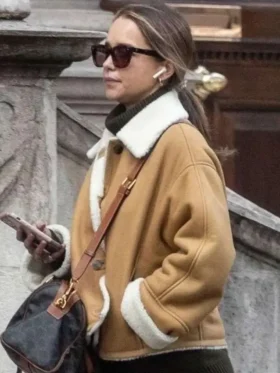 Emilia Clarke Shearling Brown Suede Jacket Front Look