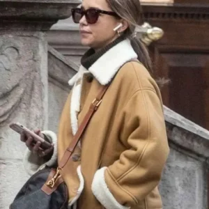 Emilia Clarke Shearling Brown Suede Jacket Front Look