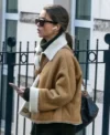 Emilia Clarke Shearling Brown Suede Jacket Front Look