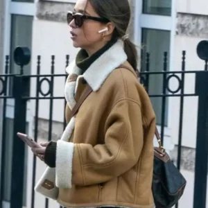 Emilia Clarke Shearling Brown Suede Jacket Front Look