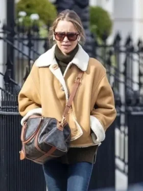 Emilia Clarke Shearling Brown Suede Jacket Front Look