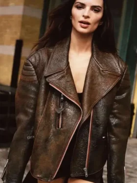 Emily Ratajkowski Brown Distressed Leather Jacket
