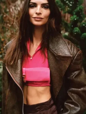 Emily Ratajkowski Brown Distressed Leather Jacket
