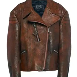 Emily Ratajkowski Brown Distressed Leather Jacket Front Look