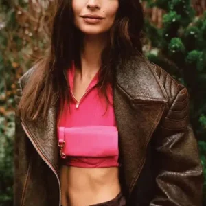 Emily Ratajkowski Brown Distressed Leather Jacket