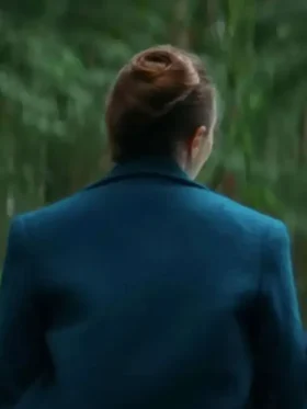 Eternity Elizabeth Olsen Blue Coat Back Look