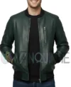 Green Leather Bomber with Tiger Patch Jacket Front Look