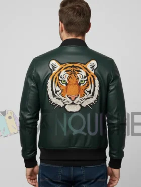 Green Leather Bomber with Tiger Patch Jacket Back Look With Tiger Patch