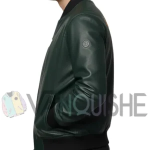 Green Leather Bomber with Tiger Patch Jacket Side Look