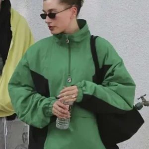 Hailey Bieber Green Anorak Jacket Front Look