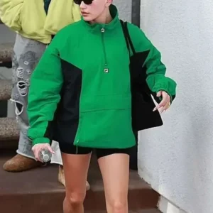 Hailey Bieber Green Anorak Jacket Front Look