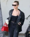 Hailey Bieber Oversized Biker Leather Jacket Front Look