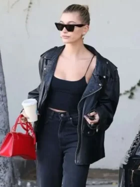 Hailey Bieber Oversized Biker Leather Jacket Front Look