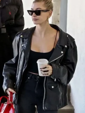 Hailey Bieber Oversized Biker Leather Jacket Front Look
