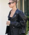 Hailey Bieber Oversized Biker Leather Jacket Front Look