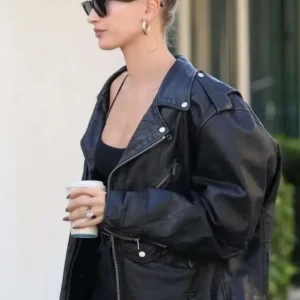 Hailey Bieber Oversized Biker Leather Jacket Front Look