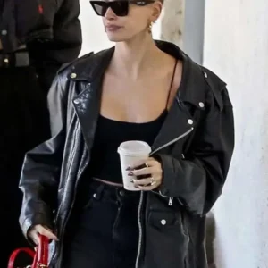 Hailey Bieber Oversized Biker Leather Jacket Front Look