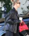 Hailey Bieber Oversized Biker Leather Jacket Front Look