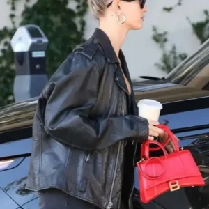 Hailey Bieber Oversized Biker Leather Jacket Front Look
