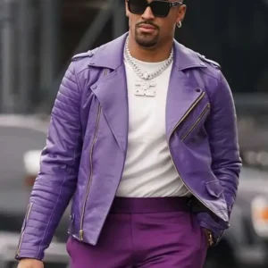 Jalen Hurts Purple Leather Jacket Front Look